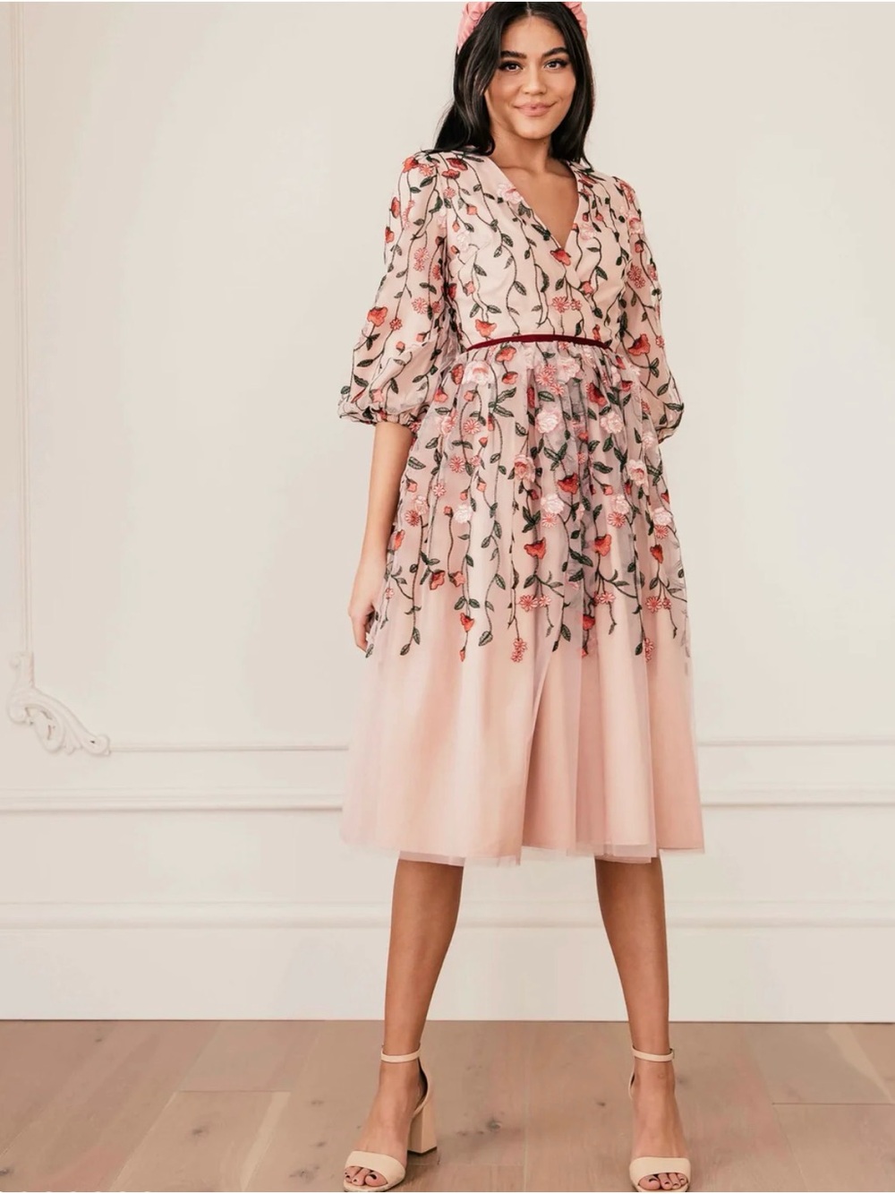 JessaKae Blush Pink Embroidered Midi Dress with Floral Appliqué